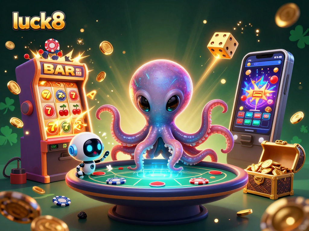 Experience thrilling gameplay at luck8 with a dazzling alien octopus dealing cards at a vibrant casino.