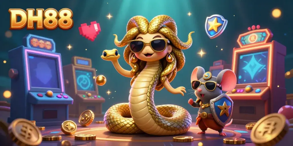 Engaging illustration of DH88 with Medusa and a warrior mouse surrounded by colorful slot machines in a vibrant casino setting.