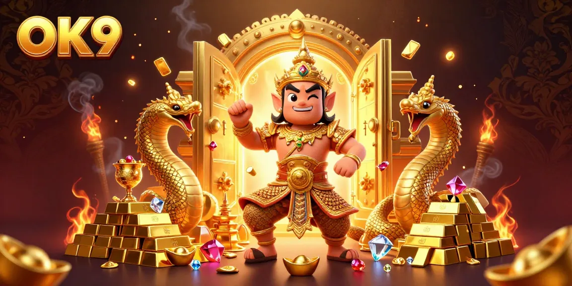 Engage in OK9's excitement with a vibrant 3D illustration featuring a treasure guardian surrounded by gold and gems.
