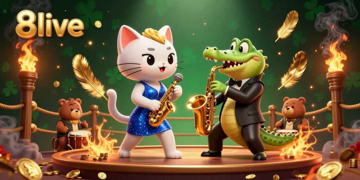 Engage in thrilling games at 8live with vibrant characters in an exciting casino illustration.