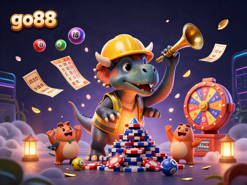 Experience excitement at go88 with colorful lottery balls and animated triceratops in a festive casino scene.