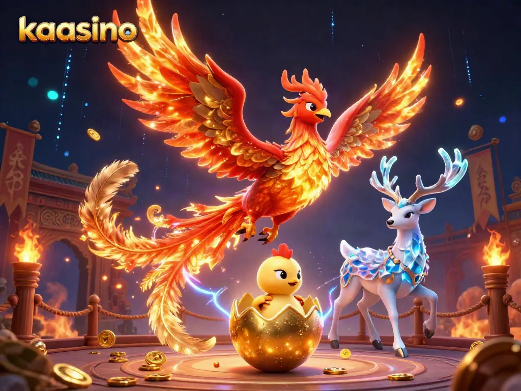 Experience thrilling gaming action at kaasino with vibrant 3D phoenix and mystical characters.
