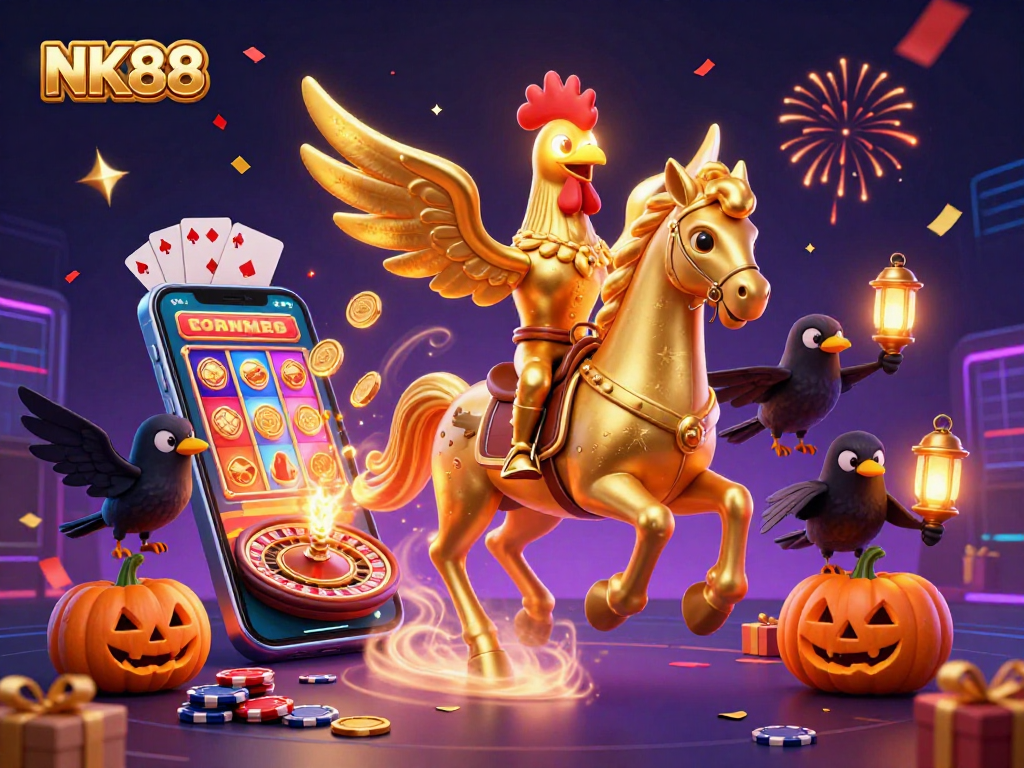 Experience exciting gameplay with NK88 in a vibrant casino scene featuring dynamic characters and slot games.