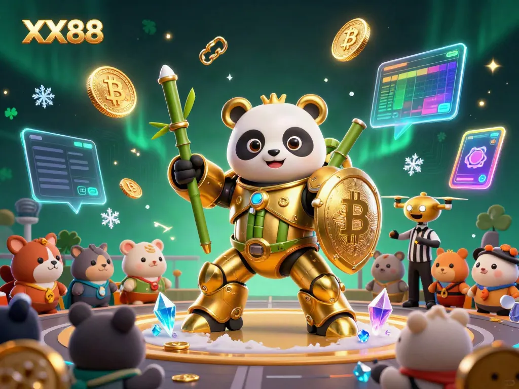 Engage with the energetic XX88 casino illustration featuring a panda robot, crypto elements, and dynamic game visuals.
