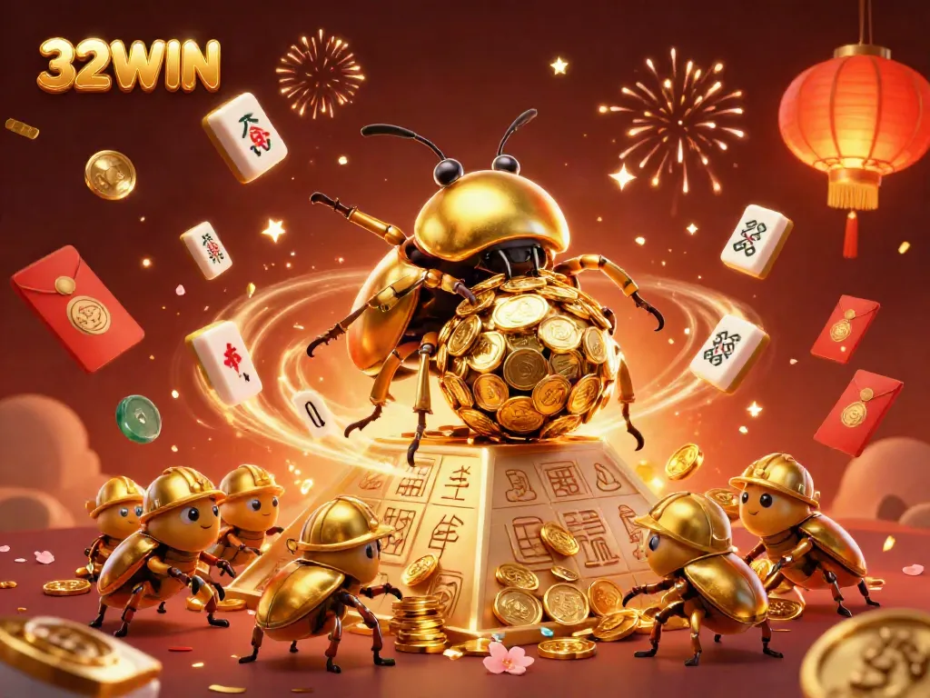Experience the excitement of 32WIN with golden beetles and vibrant casino elements in a dynamic scene.