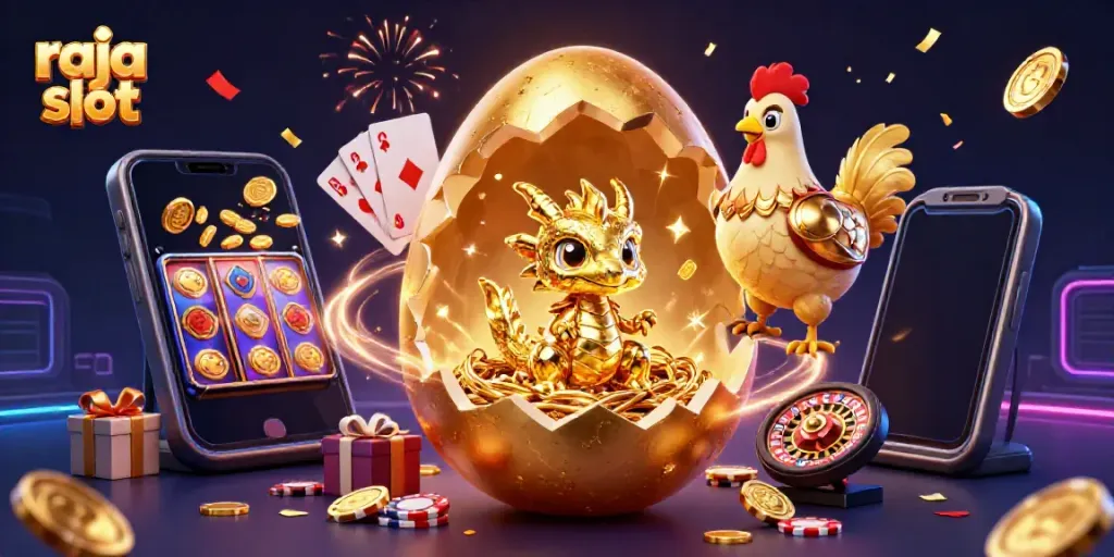 Bermain raja slot dengan ilustrasi naga emas yang menetas dari telur bersama chip poker menciptakan suasana kasino yang meriah.
