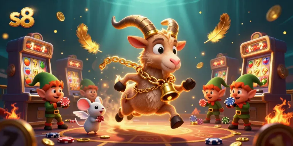 Engage in thrilling gameplay action with s8 at a vibrant casino showcasing cartoon characters.