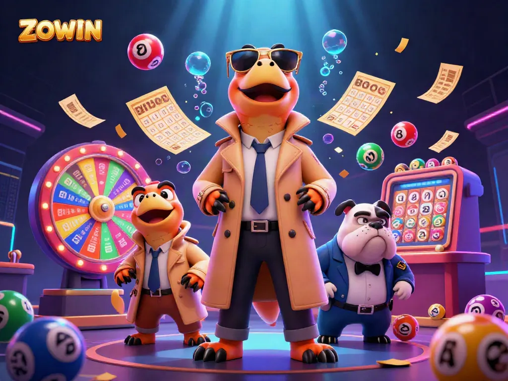 ZOWIN raptors sneak into a VIP casino lounge, amid lottery balls and colorful confetti.