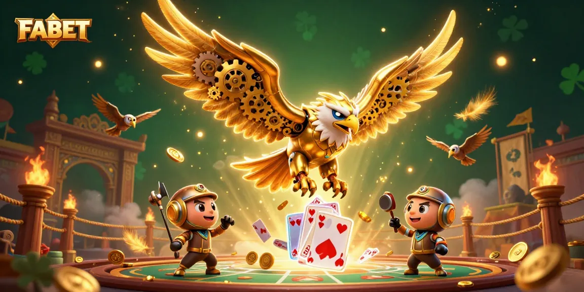 FABET showcases exhilarating gameplay with cybernetic eagle and shimmering cards in an energetic scene.