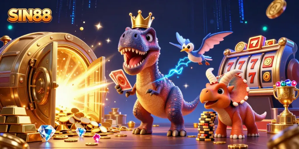 SIN88 engages players with a thrilling scene featuring a T-Rex shuffling cards and dynamic casino elements.
