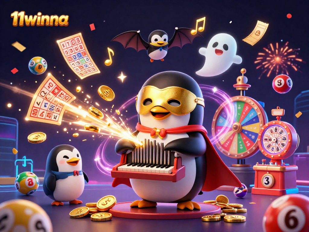 Experience thrilling gameplay and excitement at 11winna with vibrant illustration of a penguin at a dynamic casino scene.