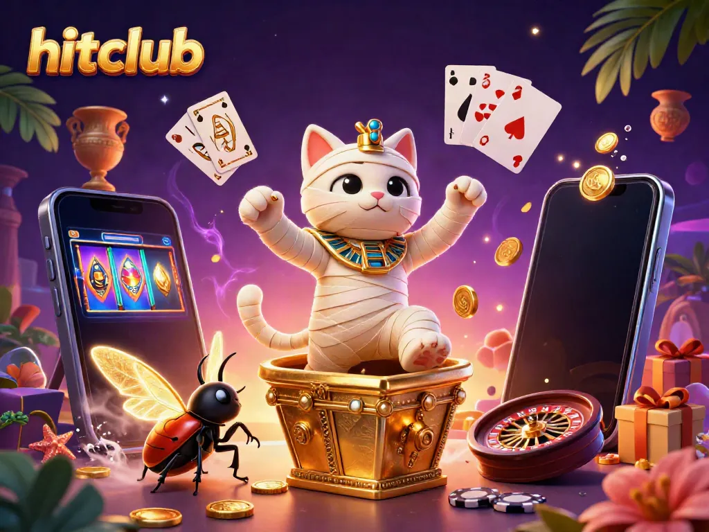Hitclub image of an Egyptian mummy cat in a pyramid casino, featuring glowing scarab wings and dynamic casino elements.
