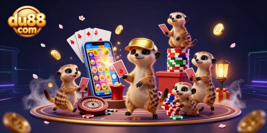 Experience exciting gaming at du88 com with meerkats managing a vibrant casino operations filled with slot games and poker actions.