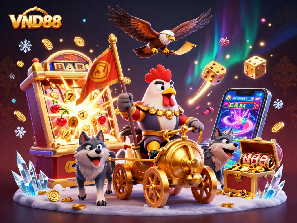 Spin to win with VND88's dynamic illustration showcasing thrilling casino excitement.