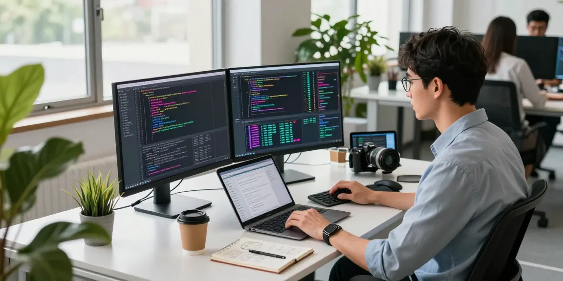 A software engineer coding at a modern workspace with colorful code, engaging in a productive atmosphere related to net88.se.net.