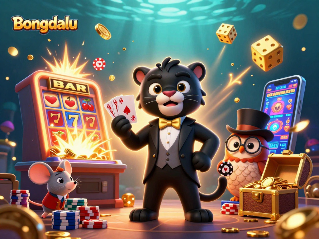 Bongdalu showcases a stylish panther dealing cards amidst a vibrant casino atmosphere brimming with winning elements.