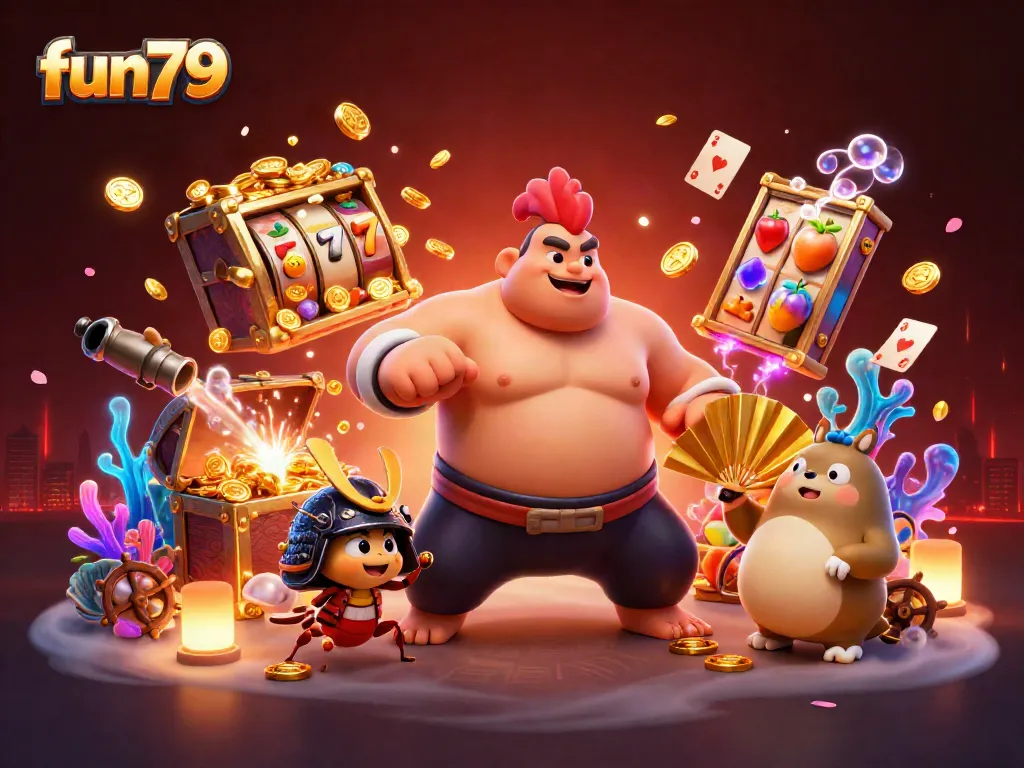Experience the fun79 universe with a dynamic illustration of a sumo wrestler rooster and samurai cricket amidst slot reels and treasure.