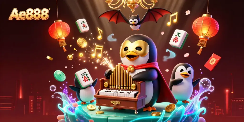 Ae888 illustration showcasing a phantom penguin playing an organ shooting coins, symbolizing online casino gaming.