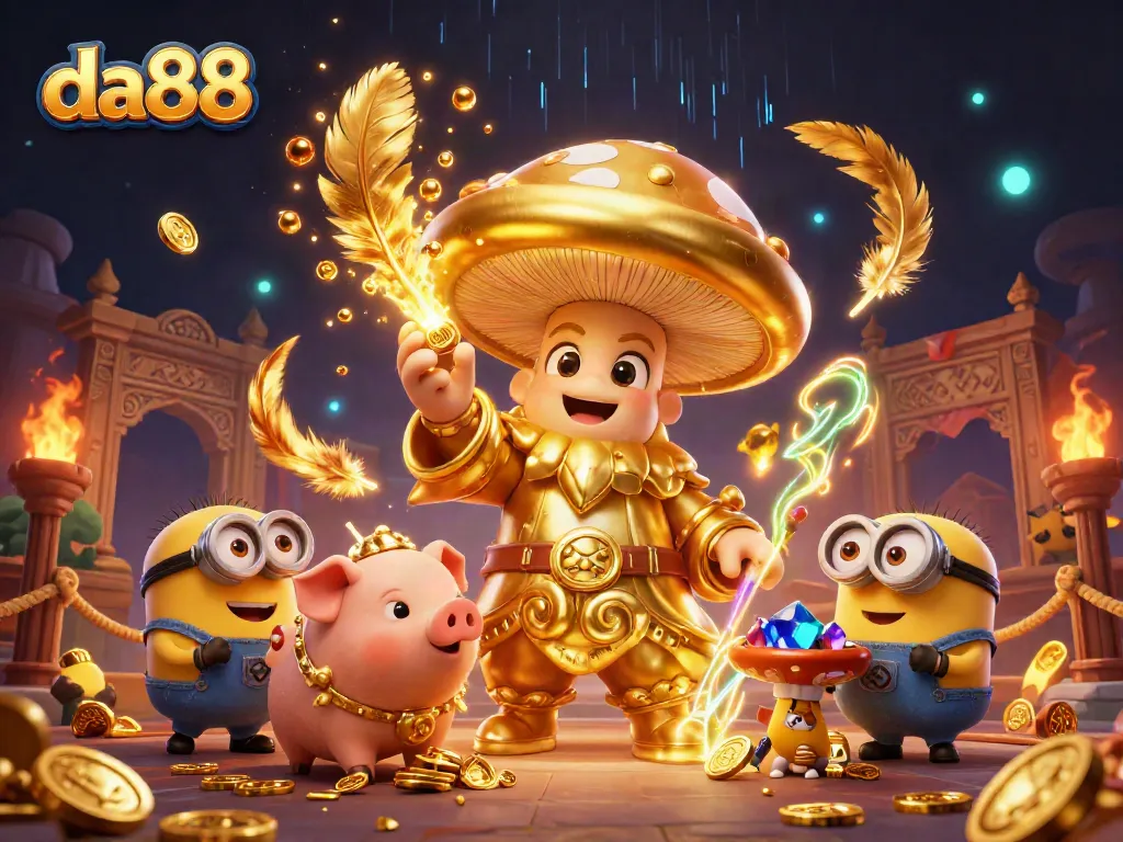 Experience thrilling adventures with da88, showcasing a magical 3D scene filled with gold and gemstones.