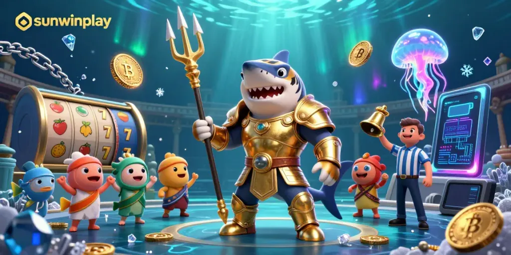 Experience excitement with sunwinplay's 3D shark gladiator in a vibrant underwater casino scene.