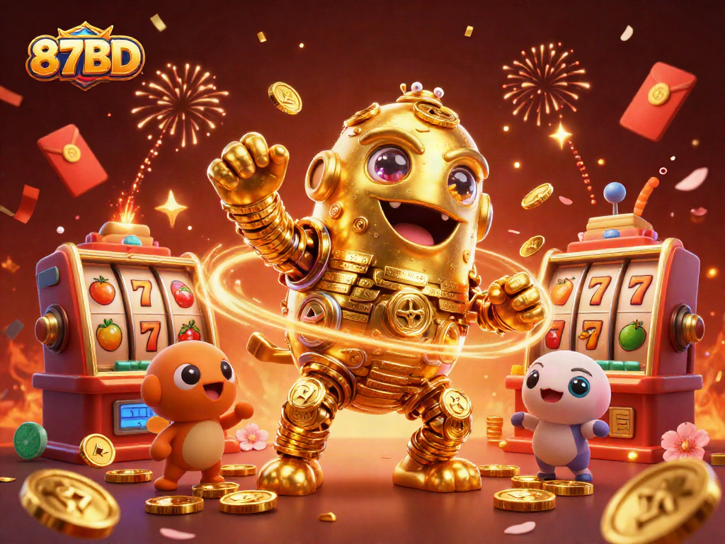 Experience the excitement of 87BD with a golden golem, slot machines, and dynamic game elements.