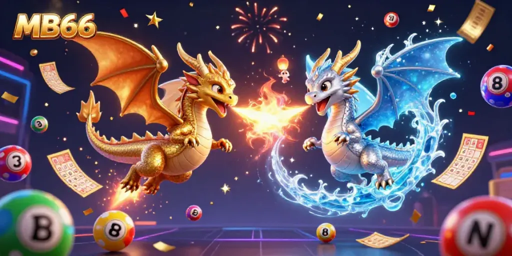 Experience the excitement of MB66 casino with vibrant dragons, lottery balls, and party atmosphere.