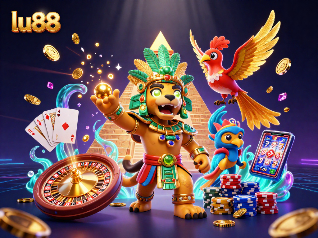 Win with lu88 in an exciting 3D casino scene filled with vibrant gaming elements.