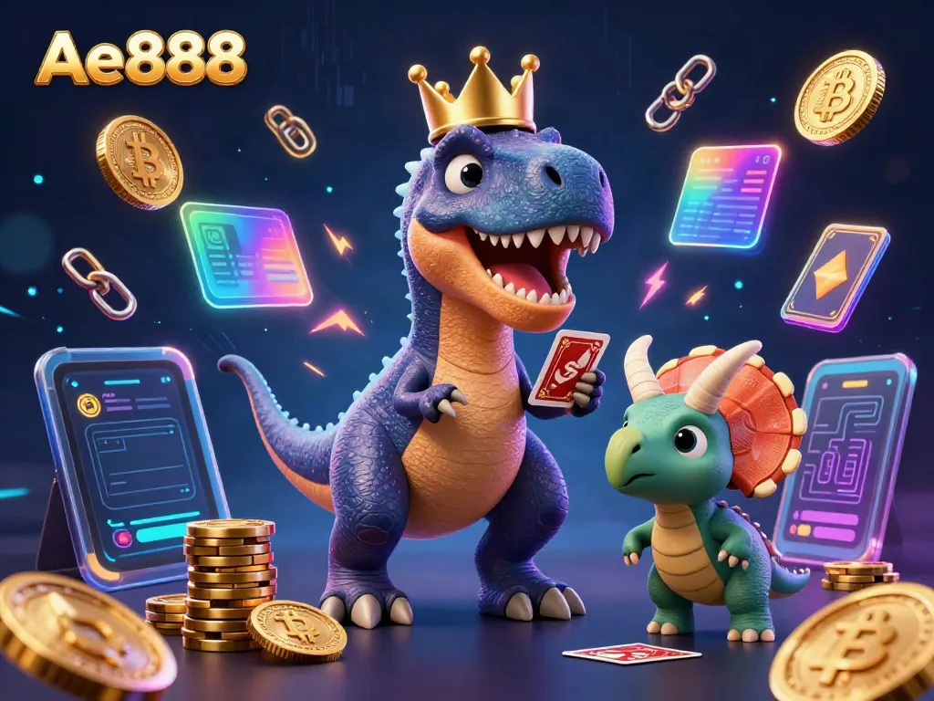 Ae888 showcases a fun 3D T-Rex playing cards with a pterodactyl assistant in a vibrant casino scene.
