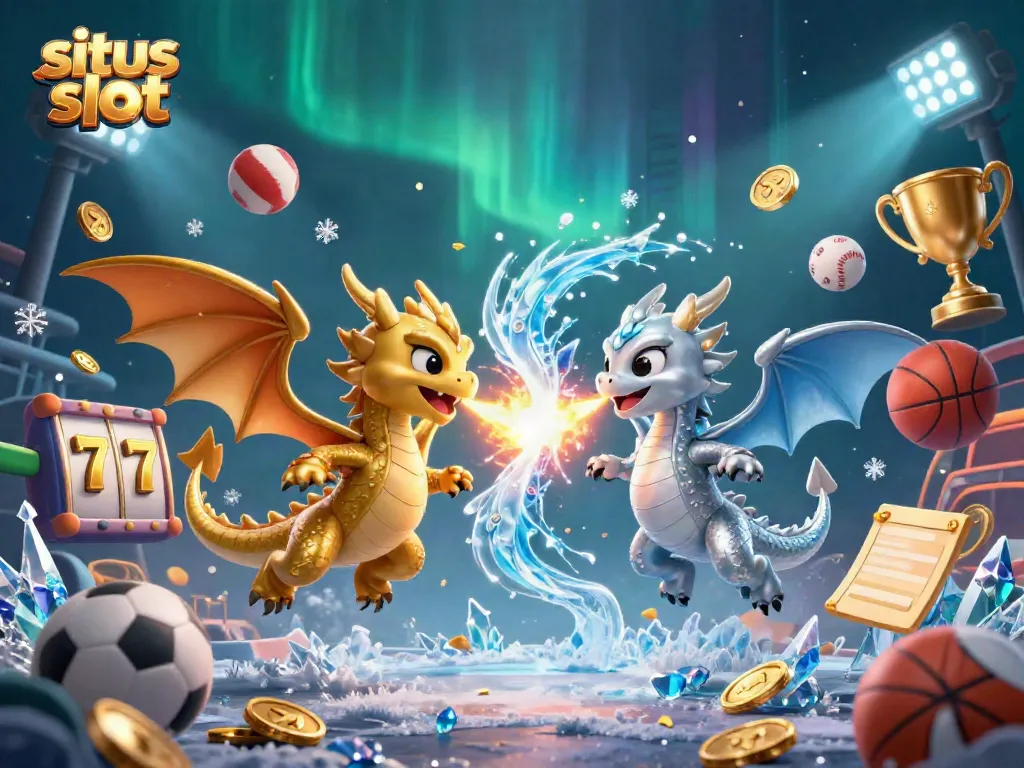 Engaging scene of twin dragons and casino elements showcasing situs slot excitement and dynamic gameplay.