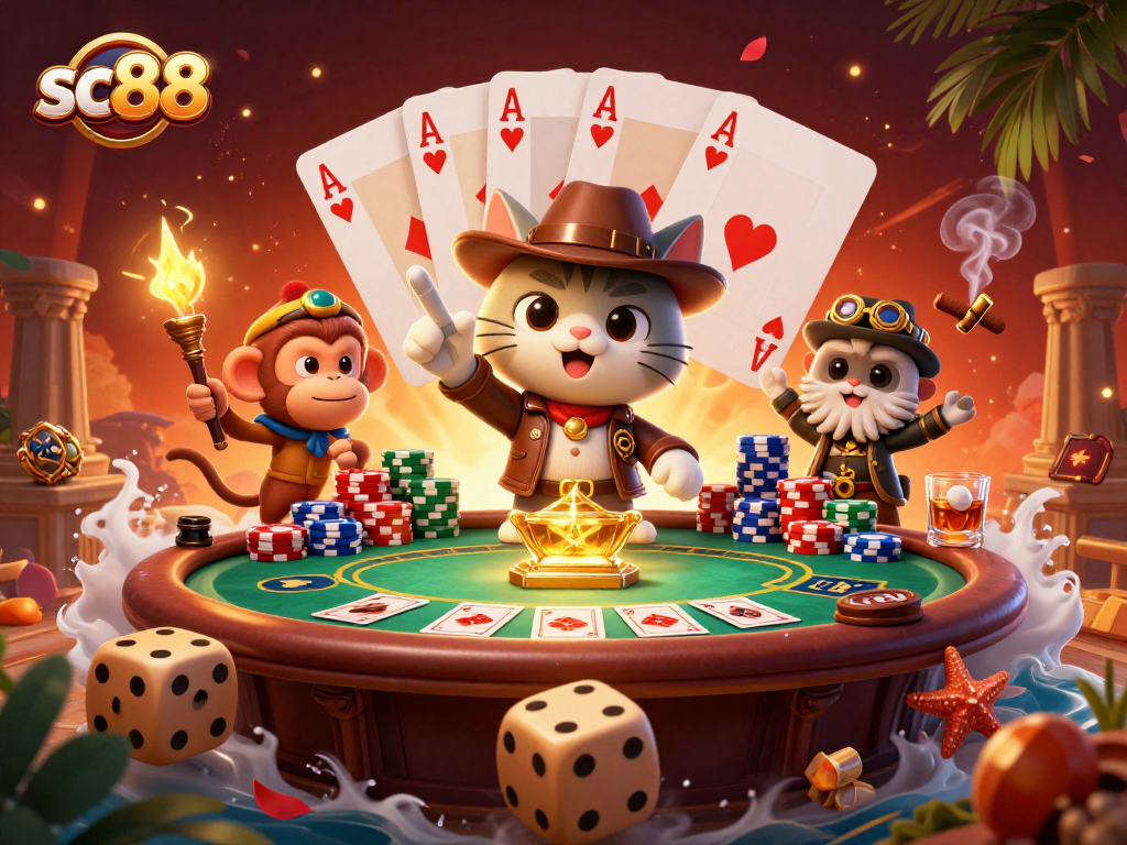 Experience sc88's thrilling treasure hunt with a 3D cartoon cat exploring a casino artifact.