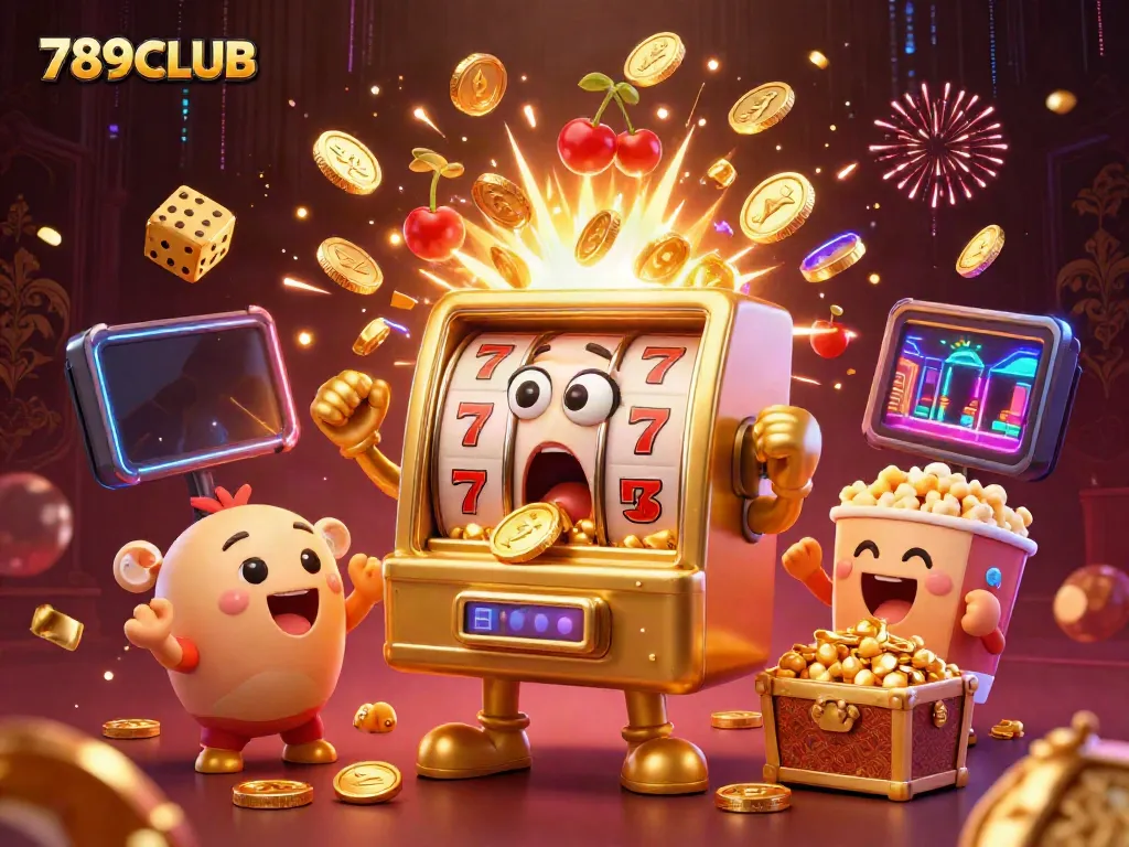 Experience the excitement of 789CLUB with a golden slot machine winning coins in a vibrant 3D casino scene.