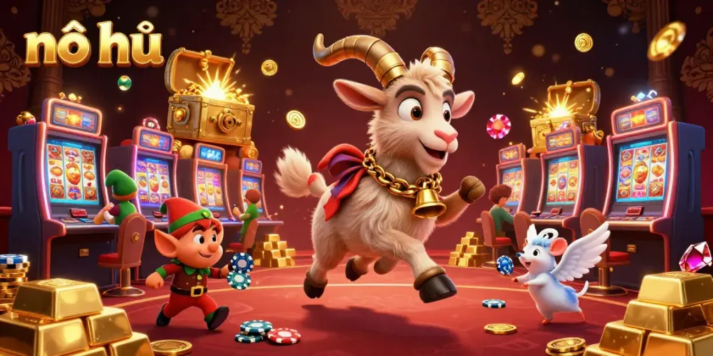 Experience the thrilling nỗ hũ slots with lively characters and a vibrant casino atmosphere filled with gold and gems.