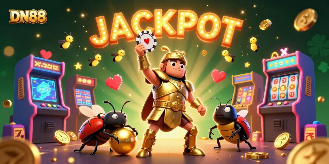 Play and win at DN88 with a colorful 3D scene featuring a beetle and jackpot symbols.