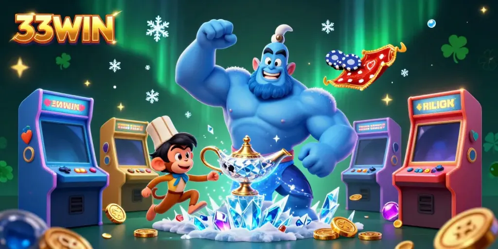 Engage with 33WIN's magical gaming experience featuring a genie, Aladdin's monkey, and glowing arcade elements.