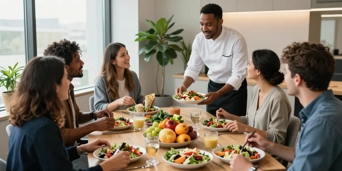 Gezellige bedrijfscatering met een bedrijfscateraar, medewerkers genieten van een gezonde mediterrane lunch in een moderne kantoorruimte.