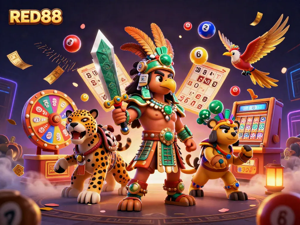 Experience the excitement of RED88 with vibrant lottery elements and dynamic characters in a thrilling casino scene.
