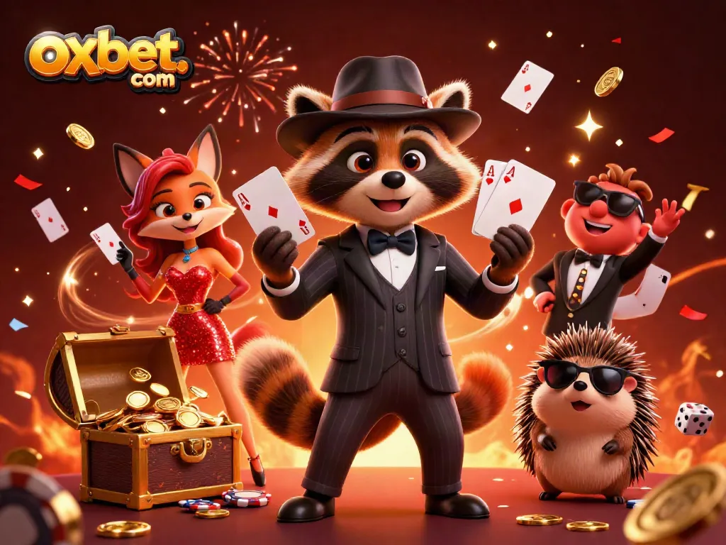 Engage with the thrilling world of oxbet. com as a suave raccoon showcases a royal flush amidst vibrant casino elements.
