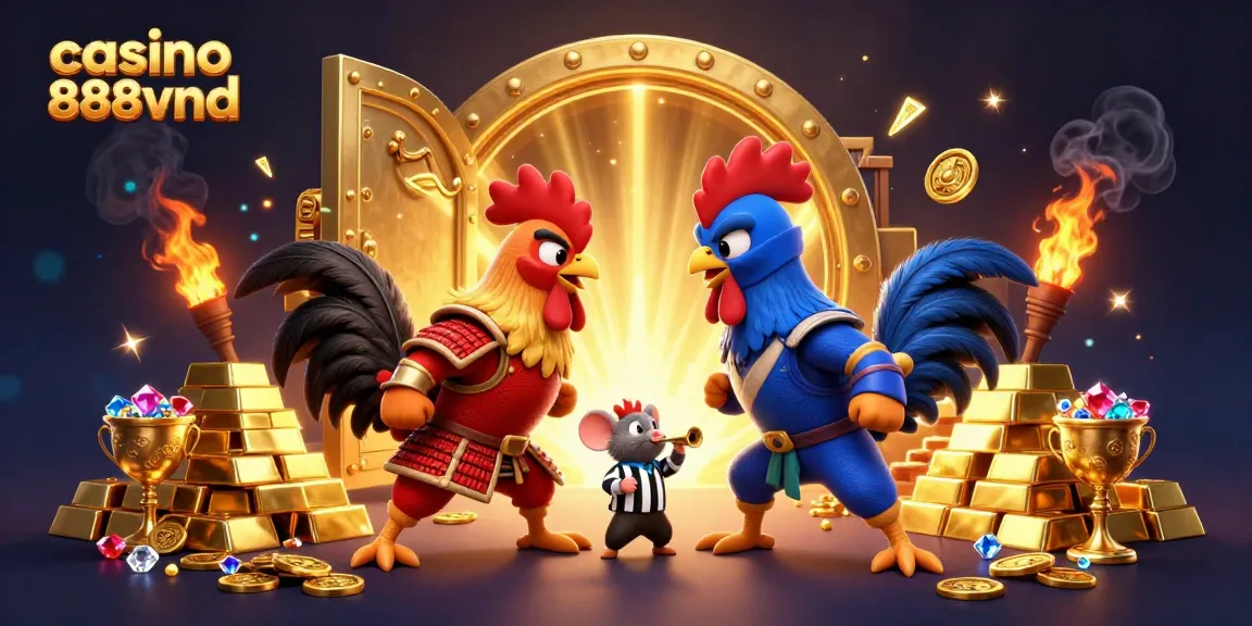 Cockfight scene with casino 888vnd symbolism in an ultra-detailed 3D illustration