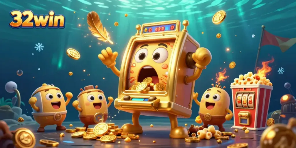 32win slots come alive as a golden slot machine hits a jackpot amidst cheering baby machines.