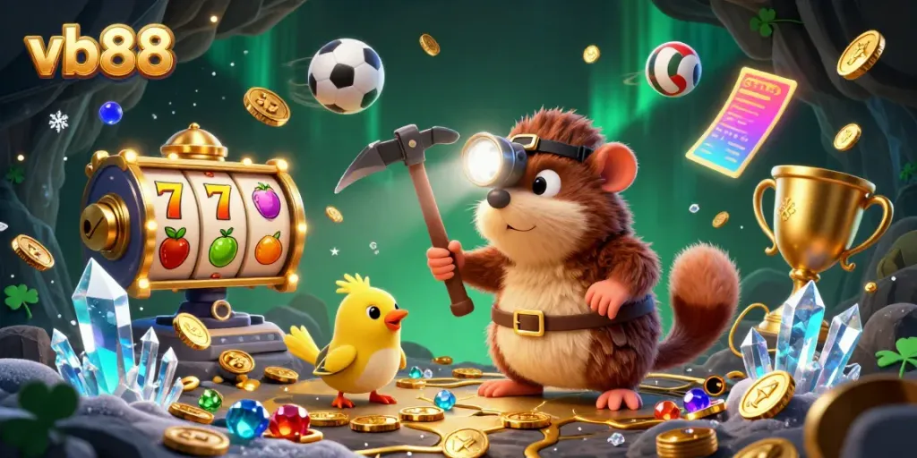 Experience the thrill of winning at vb88 with a lively treasure hunter scene filled with casino elements.