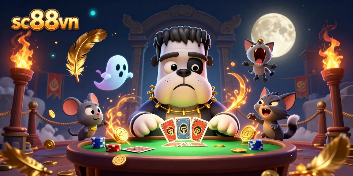 Engage in thrilling gameplay at sc88vn with a lively casino scene featuring a Frankenstein bulldog dealing cards.