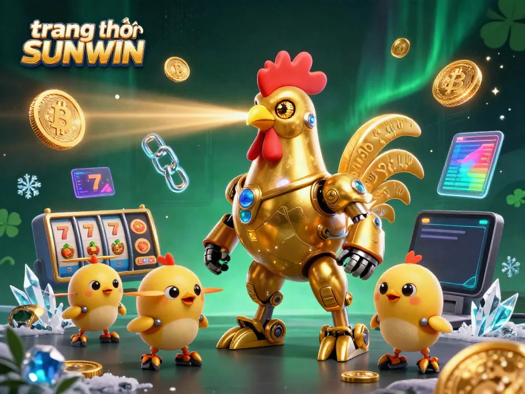 Engage with the trang chủ SUNWIN experience, featuring vibrant golden rooster robot and crypto elements in a 3D casino setting.