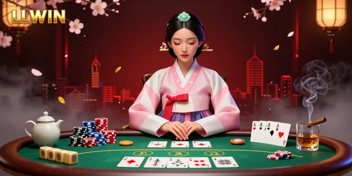 Engage in thrilling LLWIN casino action with poker elements, vibrant chips, and elegant ambience.