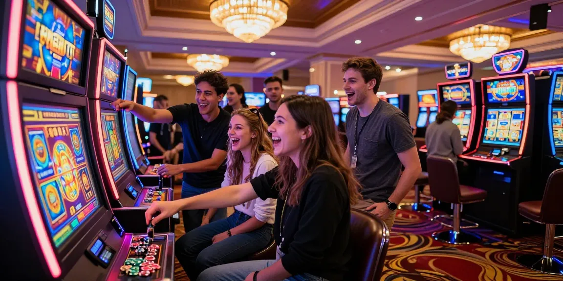 Excited friends celebrating a slot jackpot win in a vibrant casino.