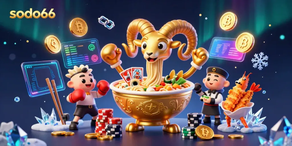 Experience the thrill of sodo66 with vibrant casino-themed 3D characters and crypto elements.