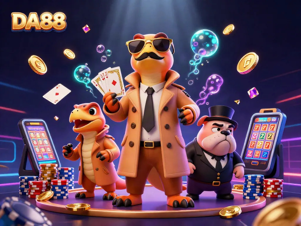 Experience DA88's vibrant casino adventure with playful raptors and exciting games in a luxury lounge.