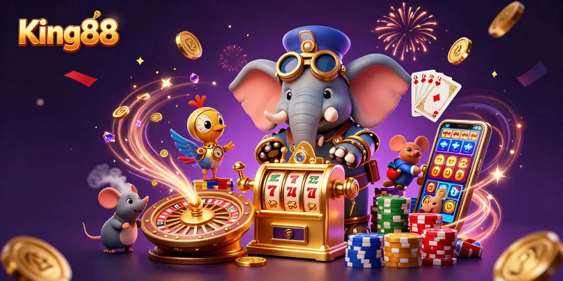 King88 shines with fun as the steampunk elephant spins the slot machine in a vibrant casino scene.