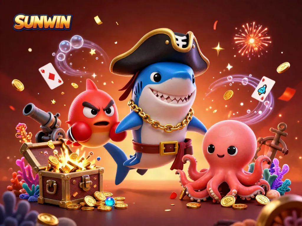 SUNWIN offers a fun casino experience with a shark, pufferfish, and octopus amid joyful gaming elements.
