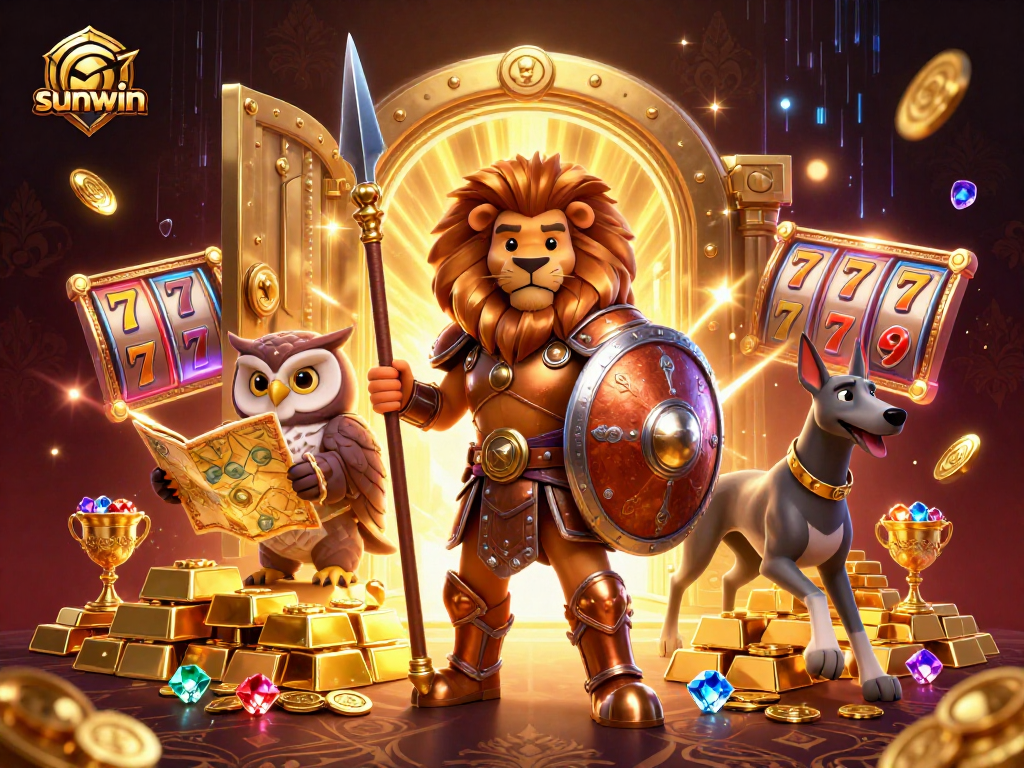 Sunwin slots scene with a Spartan lion, owl strategist, and greyhound messenger in a vibrant casino environment.