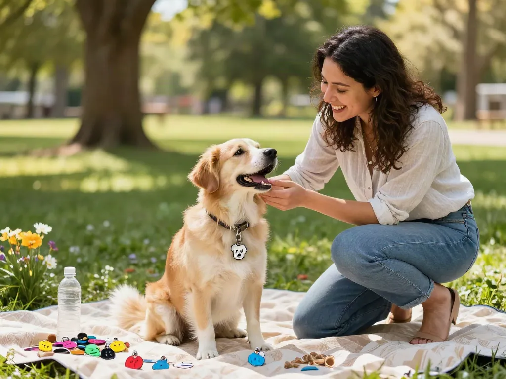 Een vrolijke hond met een gepersonaliseerde hondenpenning in het park, omgeven door bloemen.